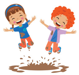 cute happy kids jumping in mud