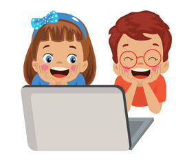 cute kids looking at computer
