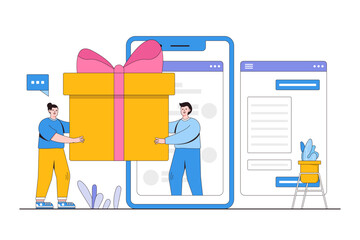 Online reward concept. Young man getting bonuses and receiving gift boxes. Vector illustration for loyalty program, promotion, marketing. Modern flat style design for landing page