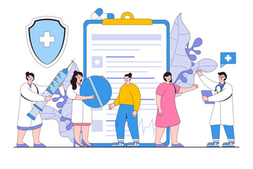 People with doctor advertising health insurance. Insurance broker offer coverage of life. Modern flat style illustration for healthcare, medical service, protection and security concept