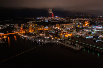 Aerial drone photo of downtown Oulu Finland Night Cityscape in Winter