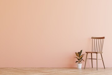 Beautiful modern bright creamy pink color room with classic wooden chair, plant in pot, wooden floor and blank wall for text. Modern girl room banner mock up room 3d illustration - obrazy, fototapety, plakaty