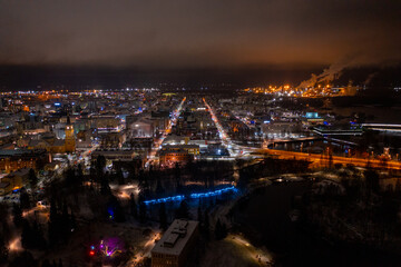 Fototapeta na wymiar Aerial drone photo of downtown Oulu Finland Night Cityscape in Winter
