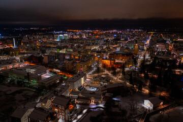 Aerial drone photo of downtown Oulu Finland Night Cityscape in Winter