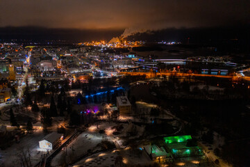 Aerial drone photo of downtown Oulu Finland Night Cityscape in Winter