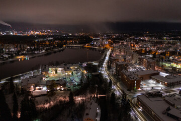 Fototapeta premium Aerial drone photo of downtown Oulu Finland Night Cityscape in Winter
