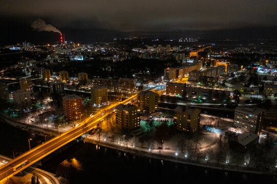 Aerial drone photo of downtown Oulu Finland Night Cityscape in Winter