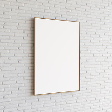 Side view of an empty rectangular painting hanging on a white brick wall. Close up of a rectangular decorative element presented on a white partition wall. 3d illustration.