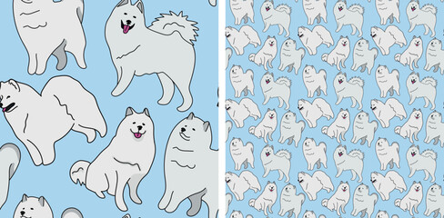 Pattern design with funny Samoyed dogs doodles, seamless pattern. T-shirt textile, wallpaper, wrapping paper, blue background graphic design. Valentine's Day, Christmas. Love backdrop, baby and kids.