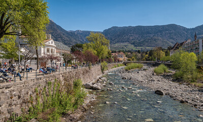 Merano (Meran) in South Tyrol, Trentino Alto Adige - northern Italy - Cityscape of the city at the Passer river in spring - april 11, 2022