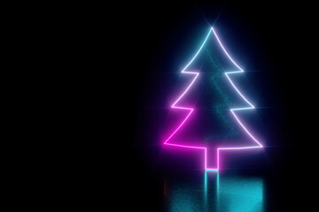 neon christmas tree over black background, 3d render, Happy New Year concept