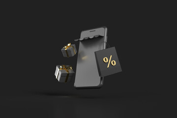 Mobile phone with shopping bag and presents on a dark background. Online shopping and discount sale concept. 3D rendering isolated with clipping path.