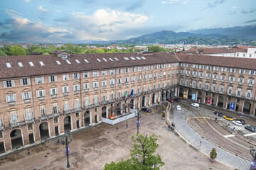 Fototapeta premium Aerial view of Castello Square in Turin with beautiful historic building