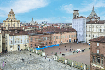Fototapeta na wymiar Extra wide angle Aerial view of Castello Square in Turin with beautiful historic building and Royal Palace