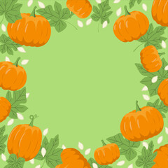 autumn pumpkin frame with leaves and seeds. Flat, vector