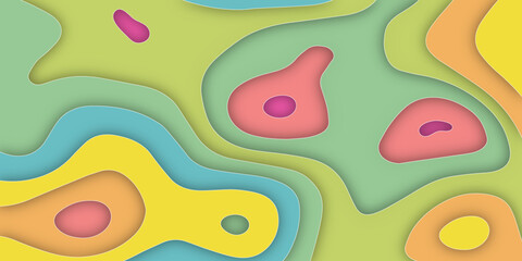 Abstract smooth pastel multi color papercut background with waves. Pastel color multi layer topography contour curve and wavy 3d paper cut wallpaper background illustration with shadow.