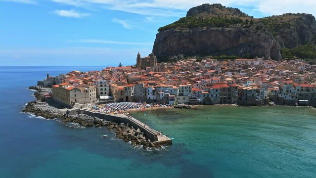 Aerial scenic view of the Cefalu, medieval village of Sicily island, Province of Palermo, Italy