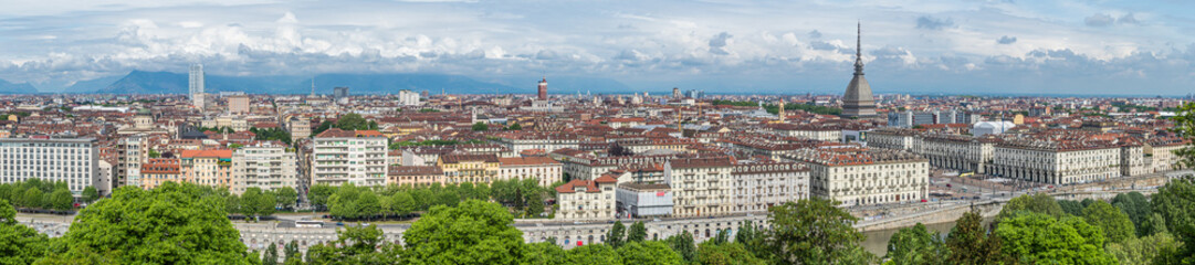 Naklejka na ściany i meble Extra wide angle aerial view of the skyline of Turin with the Mole Antonelliana