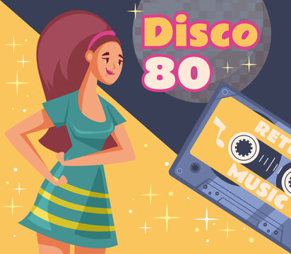 Retro disco music party dance flyer poster cover concept. Vector graphic design illustration element