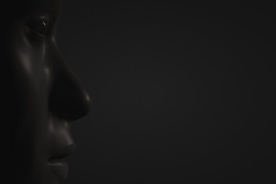 Homo sapiens' face in close-up on a dark background. Side view. 3d illustration.