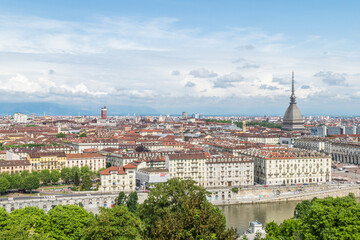 Fototapeta na wymiar Aerial view of the skyline of Turin with the Mole Antonelliana
