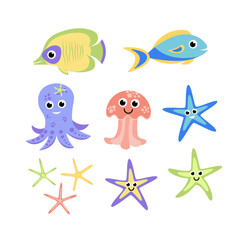 Sea set with cartoon fish, finger fish, octopus, jellyfish. Flat, vector © Aleksandra