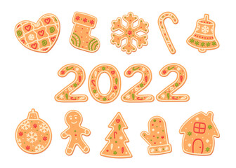Gingerbread Set. Spice cake. 2022 year. Flat, vector