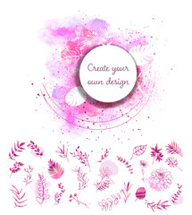 Obraz premium Big hand drawn plant set - universally useable. flowers with ornaments and gold glitter effects. Element design. Vector illustration with colorful watercolors and gold.
