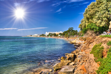 Sunny beach, Hammamet, Tunisia, Mediterranean Sea, Africa, HDR - obrazy, fototapety, plakaty