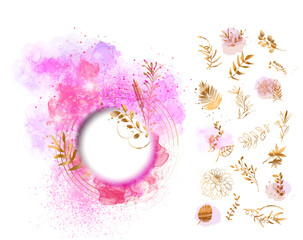 Fototapeta na wymiar Big hand drawn plant set - universally useable. flowers with ornaments and gold glitter effects. Element design. Vector illustration with colorful watercolors and gold.