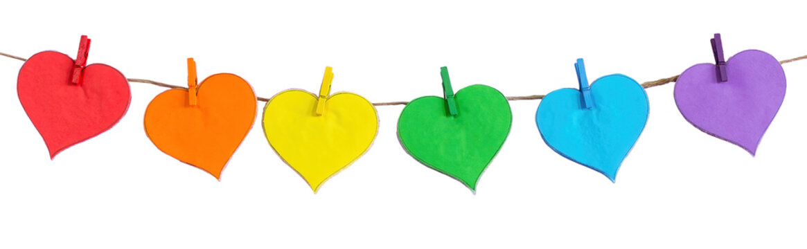 Love hearts with the colors of LGBT on blank background. Valentines day card concept. Heart for Valentines Day Background. Selective focus. Soft focus.