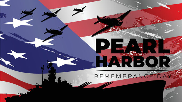 Pearl harbor remembrance day vector illustration with battleship and fighter silhouette