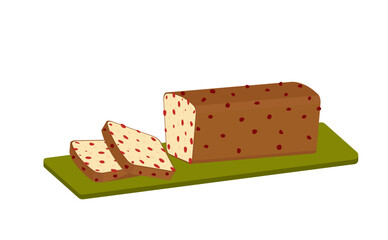Fruitcake. Christmas cake is slashed on carving board. Flat, cartoon, vector