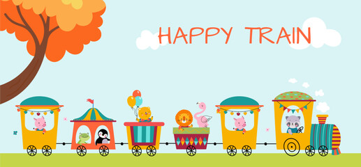 Fototapeta premium Happy cartoon animals ride on train. Transportation scene, cute raccoon, pig and lion. Friends zoo, birthday or children party vector banner