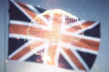 Virtual creative artificial Intelligence hologram with human brain sketch on British flag and sunset sky background. Double exposure