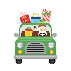 Santa is driving pickup with gifts. Santa Claus in car. Present. Flat, cartoon, vector - obrazy, fototapety, plakaty