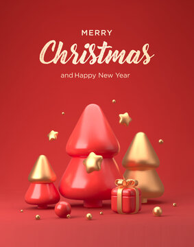 Merry Christmas and Happy New Year festive composition. Colorful Xmas background with realistic 3d trees and gift boxes. Vector illustration