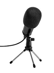 Professional microphone on a desktop stand.