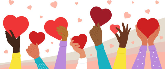 Donate hearts. Donations kindness banner, people hold red heart. Charity and volunteering, support empathy and love. Multicultural community decent vector banner