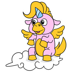 Editable vector of a unicorn with yellow hair sitting on clouds