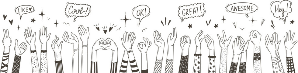 Fototapeta Support and applause sketch hands. Arm waving, clapping hand woman man. Helping or support human, happy signs. Thumbs up, fan crowd neoteric vector concept obraz