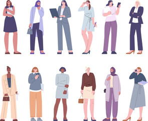 Female modern business characters wear suits and casual dress. Flat cartoon businesswomen, managers and administrative staff. Office kicky vector team