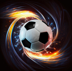 A soccer ball in the air surround by a flowing dynamic energy swirl