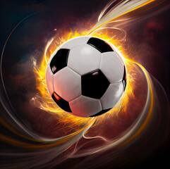 A soccer ball in the air surround by a flowing dynamic swirl energy