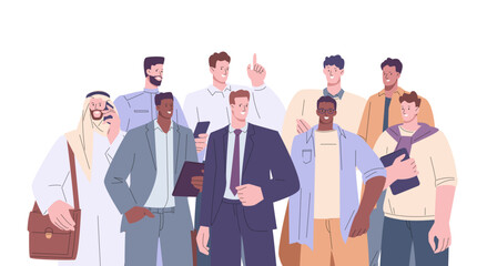 Male office team together. Adult businessmen entrepreneurs portrait, arabian business character and colleagues. Young students, kicky professionals vector set