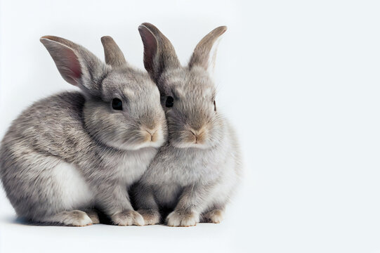 Two cute baby rabbit cuddling on white background