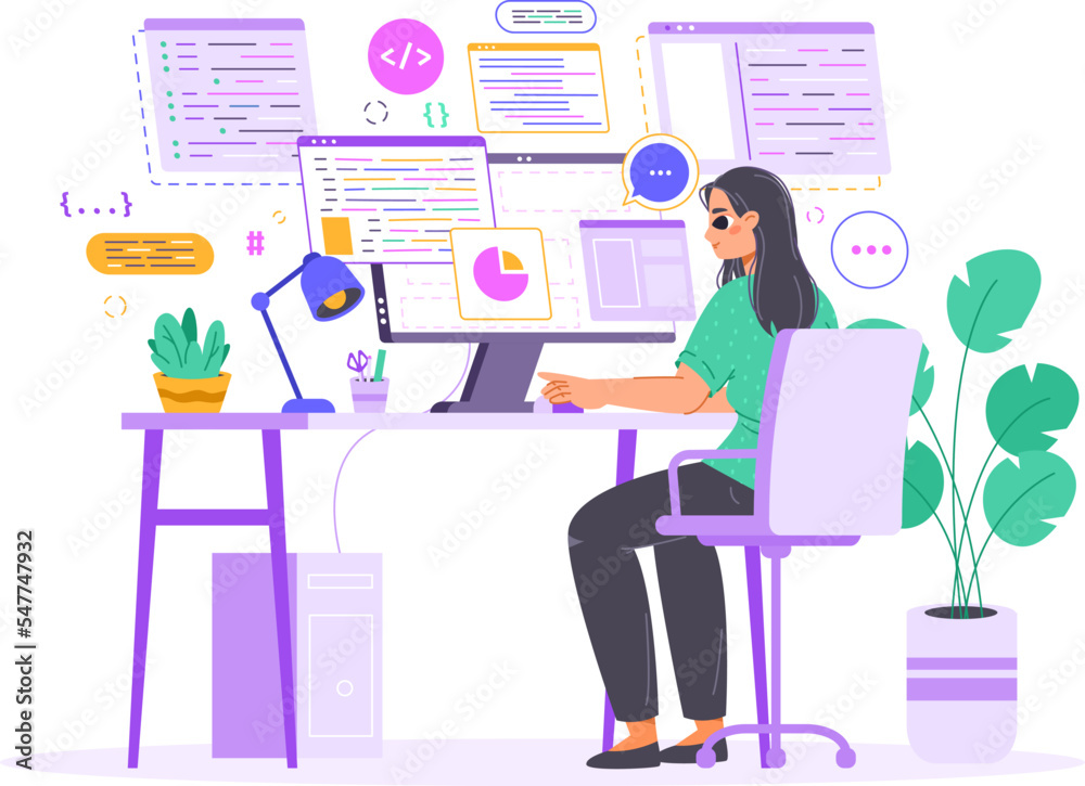 Poster young female geek character. woman programmer coding, blogger content develop or software programmin