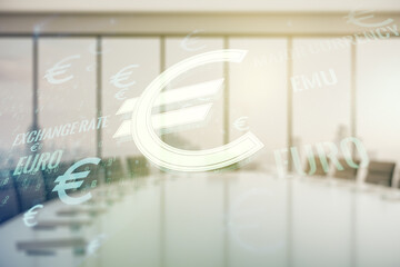 Virtual EURO symbols illustration on a modern coworking room background, forex and currency concept. Multiexposure