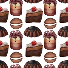 Seamless pattern of aesthetic chocolate cakes, illustration on white background