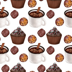 Seamless pattern of hot chocolate, muffin and chocolate candies, illustration on white background